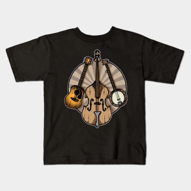 Folk Music/Bluegrass Instruments Sepia Kids T-Shirt by Laughin' Bones
